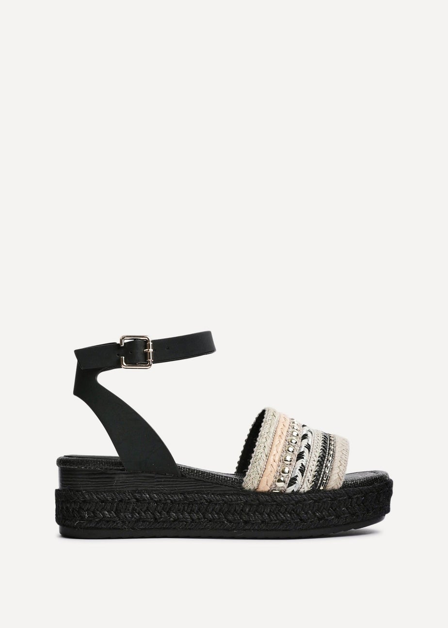 Linzi Vista Black Embellished Woven Espadrille Inspired Flatform