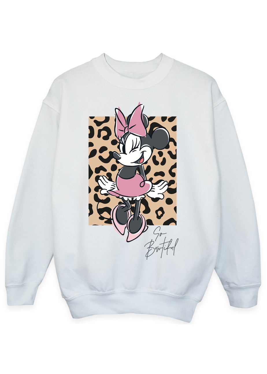 Disney Minnie Mouse So Bowtiful Leopard Girls White Graphic Sweatshirt (3-13 Years)