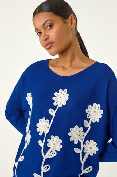 Roman Royal Blue Floral Embroidery Knit Jumper