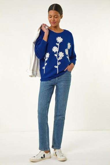 Roman Royal Blue Floral Embroidery Knit Jumper