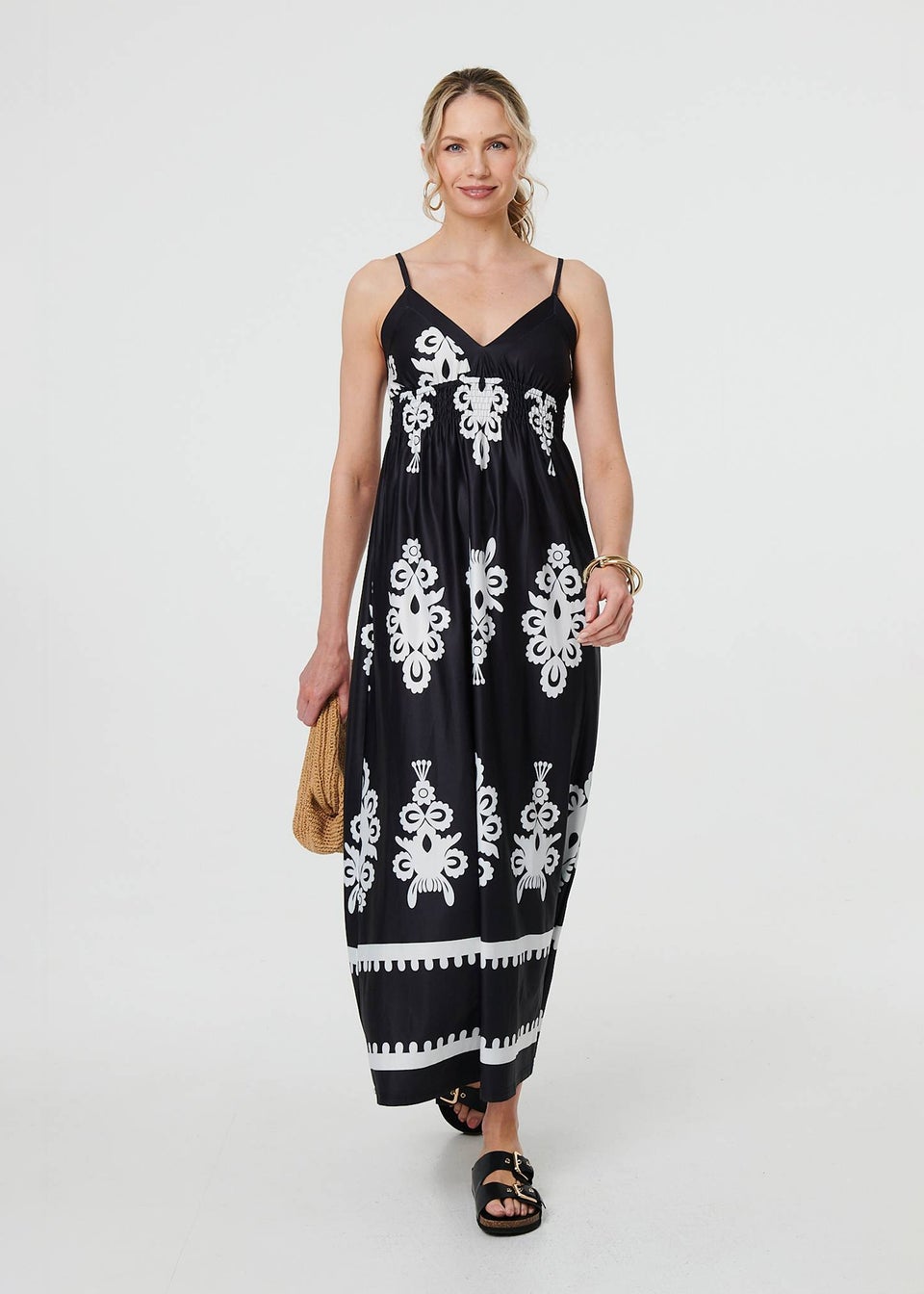 Izabel London Black & White Ikat Print Sleeveless Shirred Maxi Dress