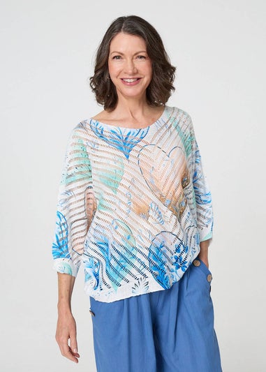 Izabel London Blue Heart Print Open Knit 3/4 Sleeve Top