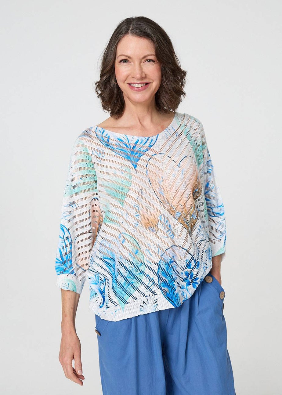 Izabel London Blue Heart Print Open Knit 3/4 Sleeve Top