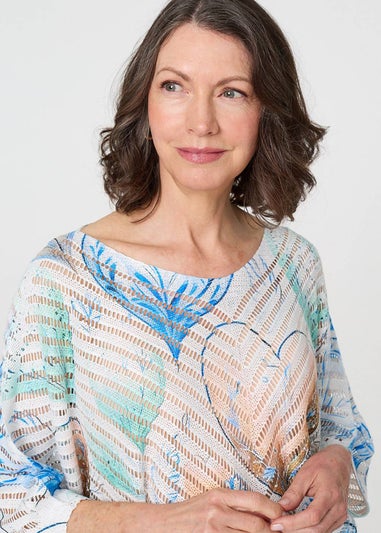 Izabel London Blue Heart Print Open Knit 3/4 Sleeve Top