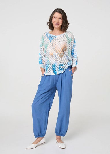 Izabel London Blue Heart Print Open Knit 3/4 Sleeve Top