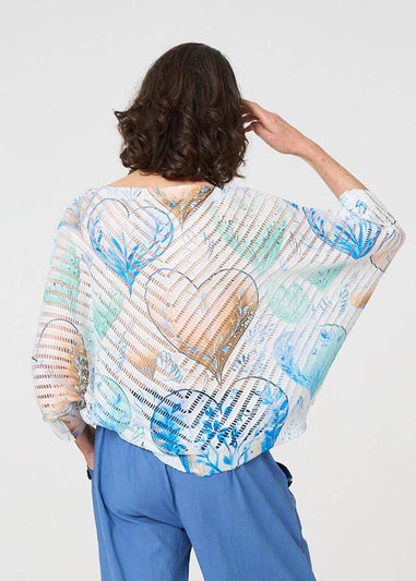 Izabel London Blue Heart Print Open Knit 3/4 Sleeve Top