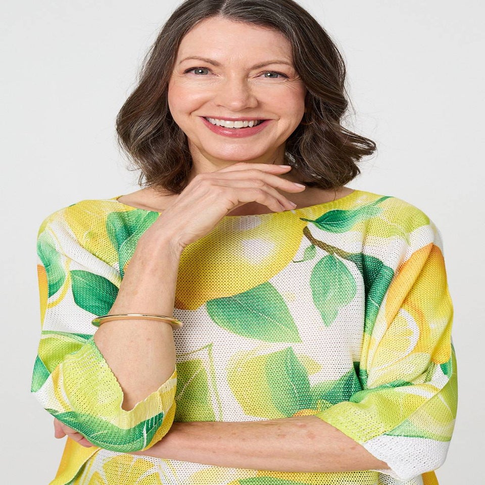 Izabel London Yellow Leaf Print 3/4 Sleeve Knit Texture Top