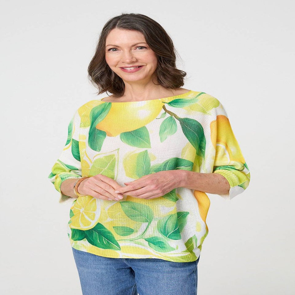 Izabel London Yellow Leaf Print 3/4 Sleeve Knit Texture Top