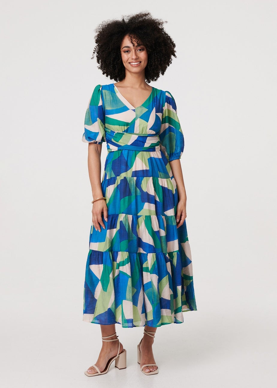 Izabel London Green Abstract Ruched 3/4 Sleeve Midi Dress
