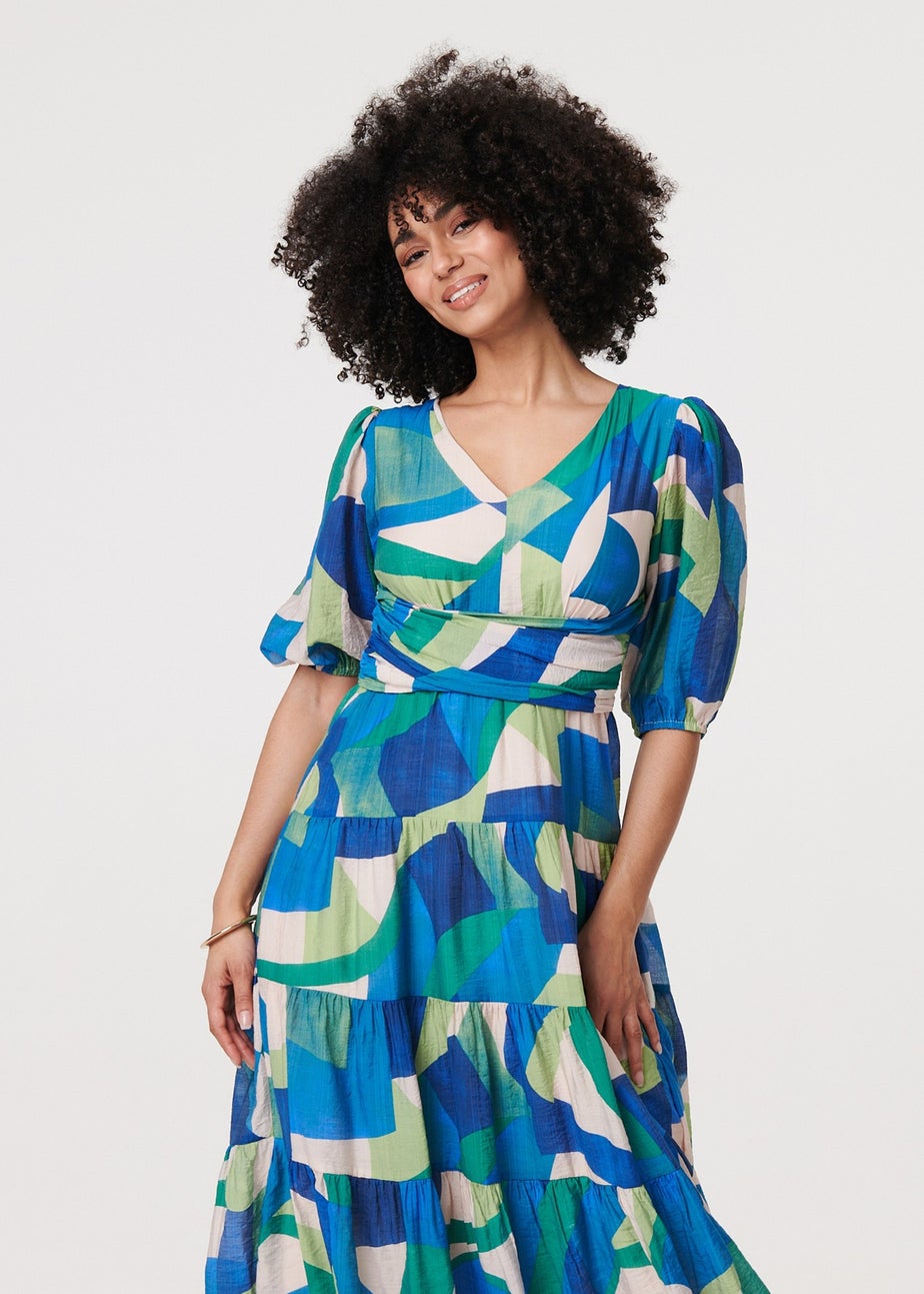 Izabel London Green Abstract Ruched 3/4 Sleeve Midi Dress