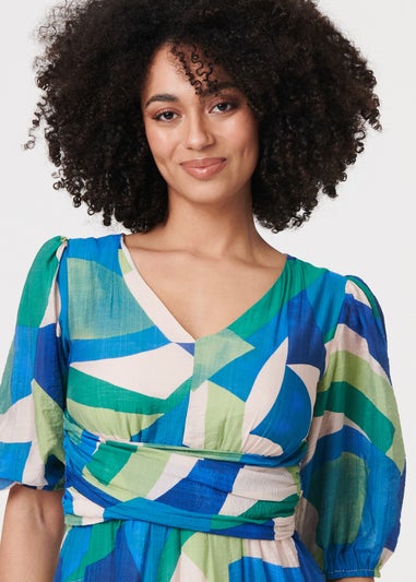 Izabel London Green Abstract Ruched 3/4 Sleeve Midi Dress