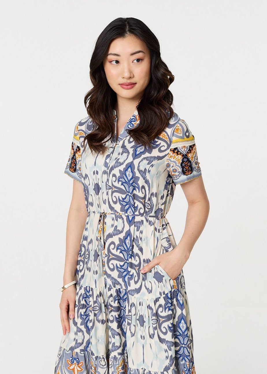 Izabel London Grey Patchwork Print Short Sleeve Midi Dress