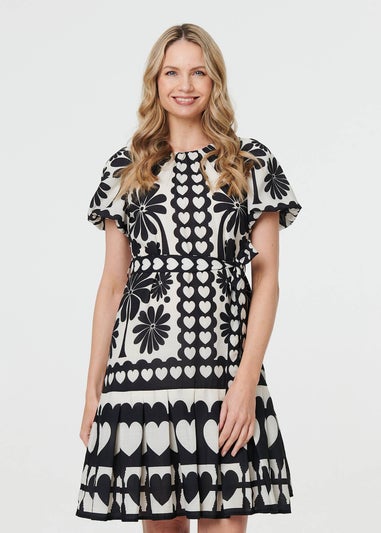 Izabel London Black Heart Print Tie Waist Short Skater Dress