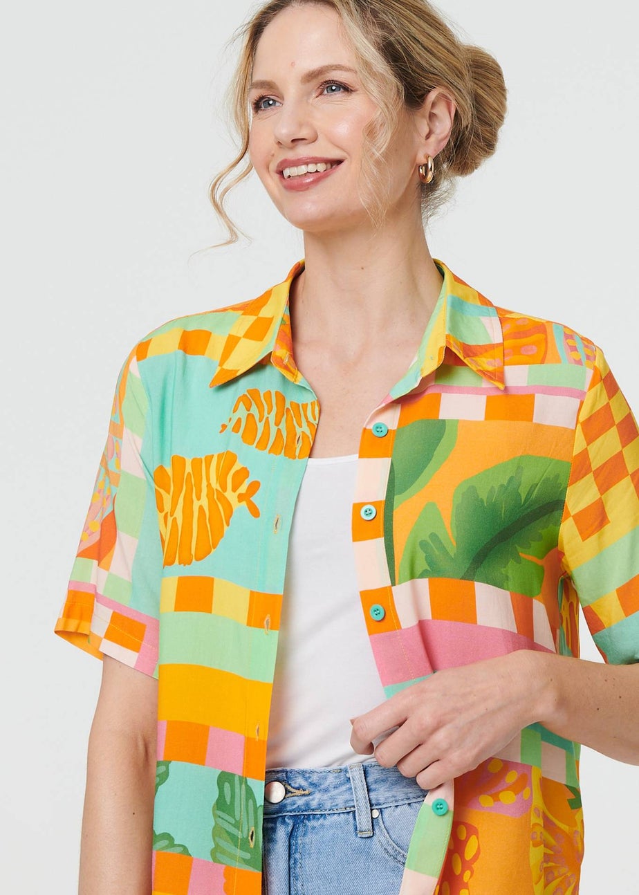 Izabel London Orange Patchwork Print Short Sleeve Boxy Shirt