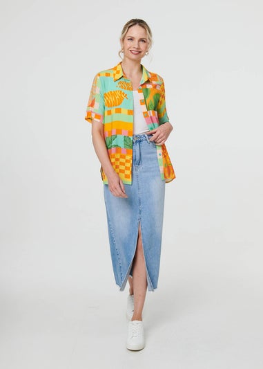 Izabel London Orange Patchwork Print Short Sleeve Boxy Shirt