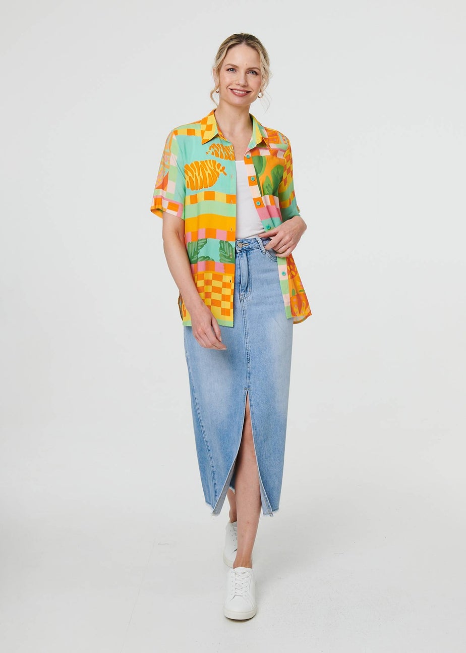 Izabel London Orange Patchwork Print Short Sleeve Boxy Shirt
