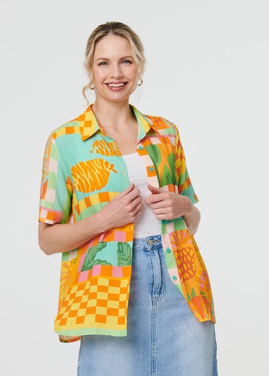 Izabel London Orange Patchwork Print Short Sleeve Boxy Shirt