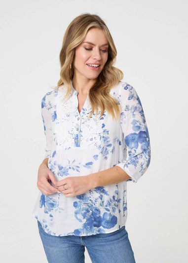 Izabel London Blue Floral 3/4 Sleeve Lace Trim Blouse