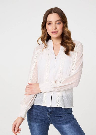 Izabel London Ivory Lace Trim High Neck Long Sleeve Blouse