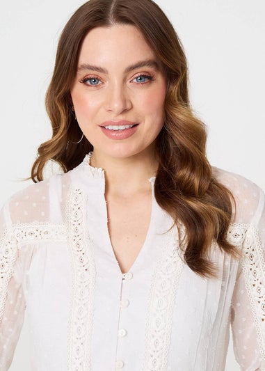 Izabel London Ivory Lace Trim High Neck Long Sleeve Blouse