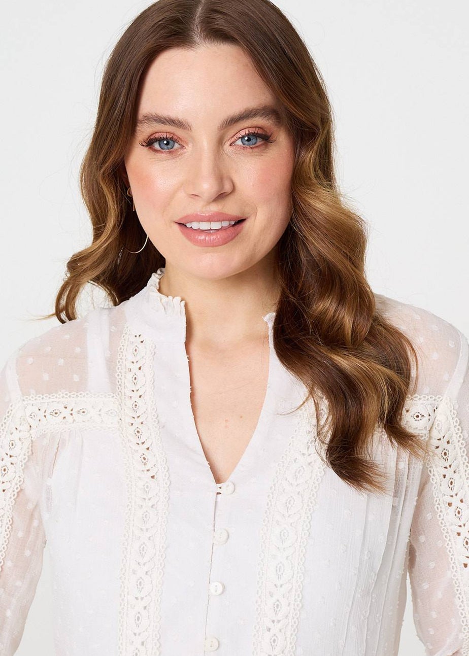 Izabel London Ivory Lace Trim High Neck Long Sleeve Blouse