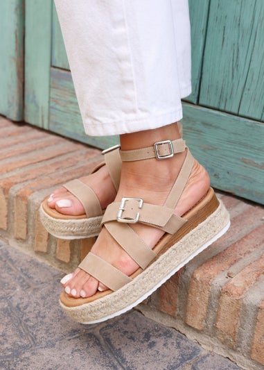 Linzi Autumn Beige Nubuck Strappy Flatform Sandal