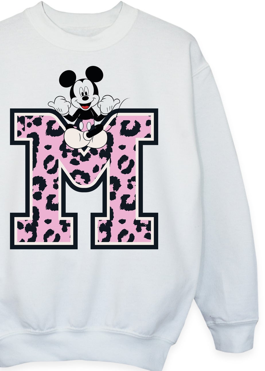 Disney Mickey Mouse Leopard M Girls White Graphic Sweatshirt (3-13 Years)
