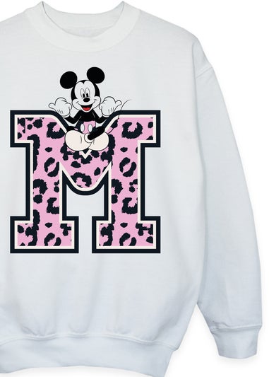 Disney Mickey Mouse Leopard M Girls White Graphic Sweatshirt (3-13 Years)