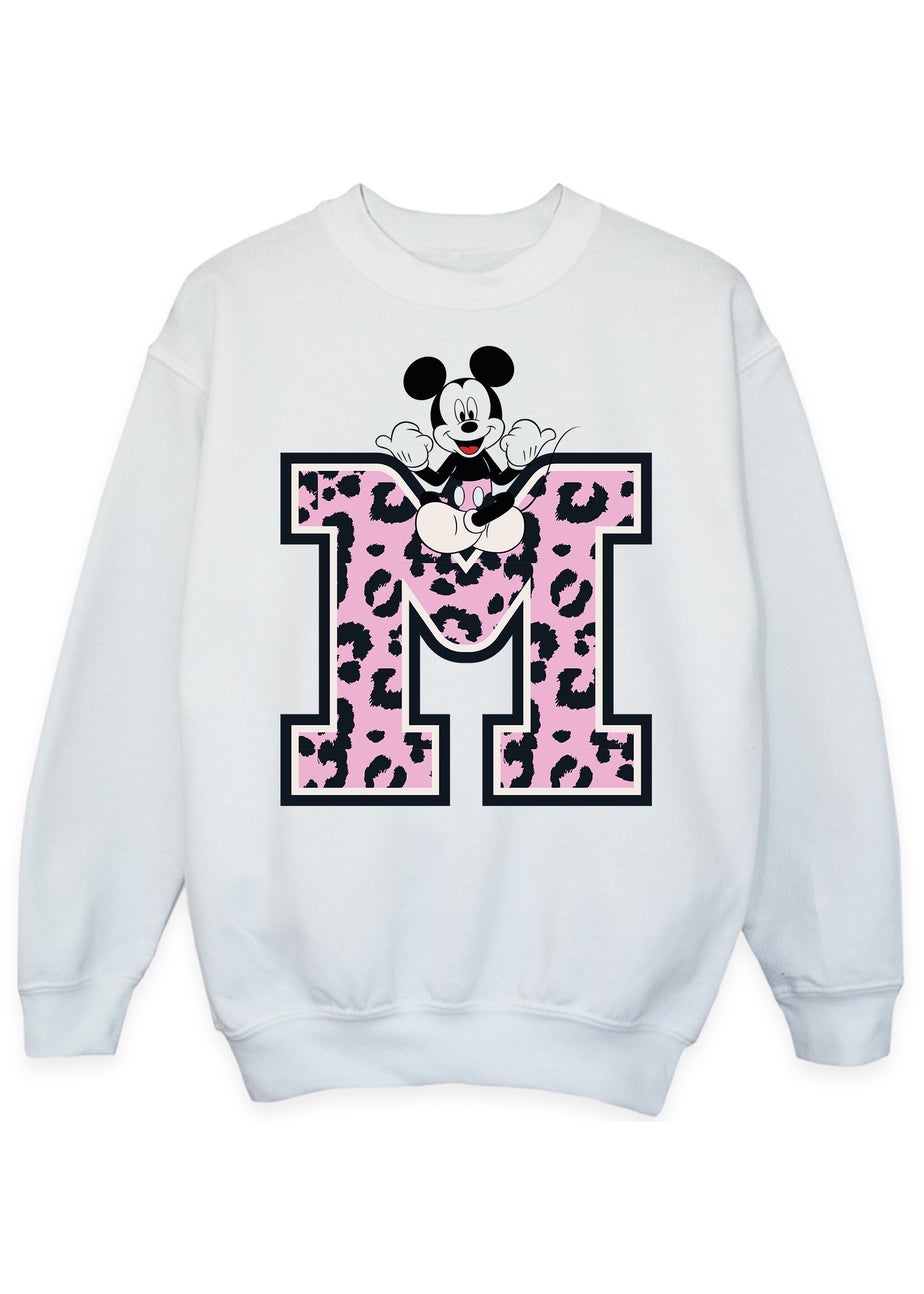 Disney Mickey Mouse Leopard M Girls White Graphic Sweatshirt (3-13 Years)