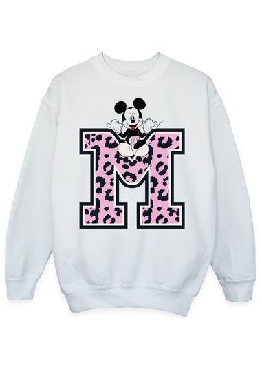Disney Mickey Mouse Leopard M Girls White Graphic Sweatshirt (3-13 Years)
