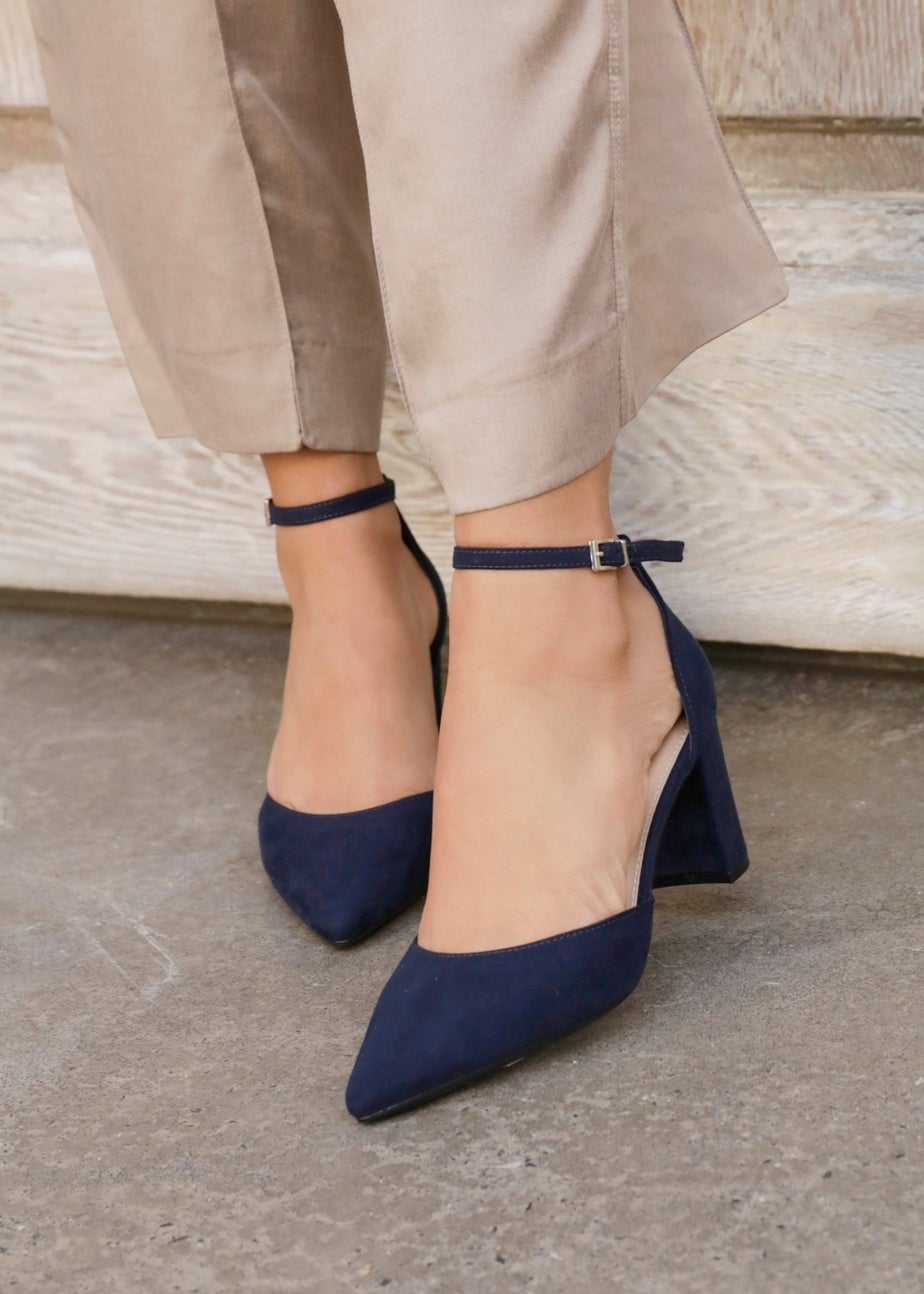 Linzi Leona Navy Faux Suede Closed Back Block Heeled Court Shoe