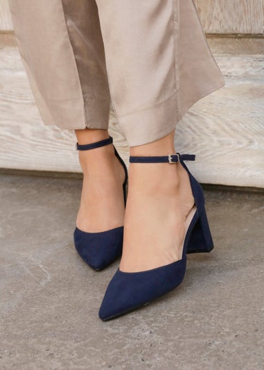 Linzi Leona Navy Faux Suede Closed Back Block Heeled Court Shoe