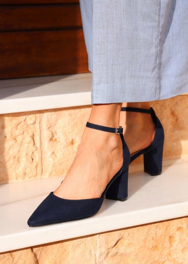 Linzi Leona Navy Faux Suede Closed Back Block Heeled Court Shoe