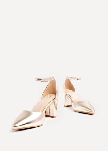 Linzi Leona Gold Faux Leather Closed Back Block Heeled Court Shoe