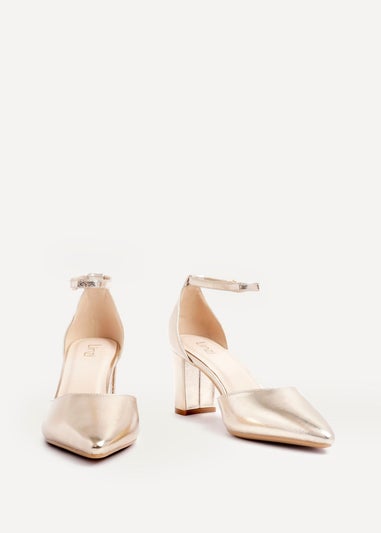 Linzi Leona Gold Faux Leather Closed Back Block Heeled Court Shoe