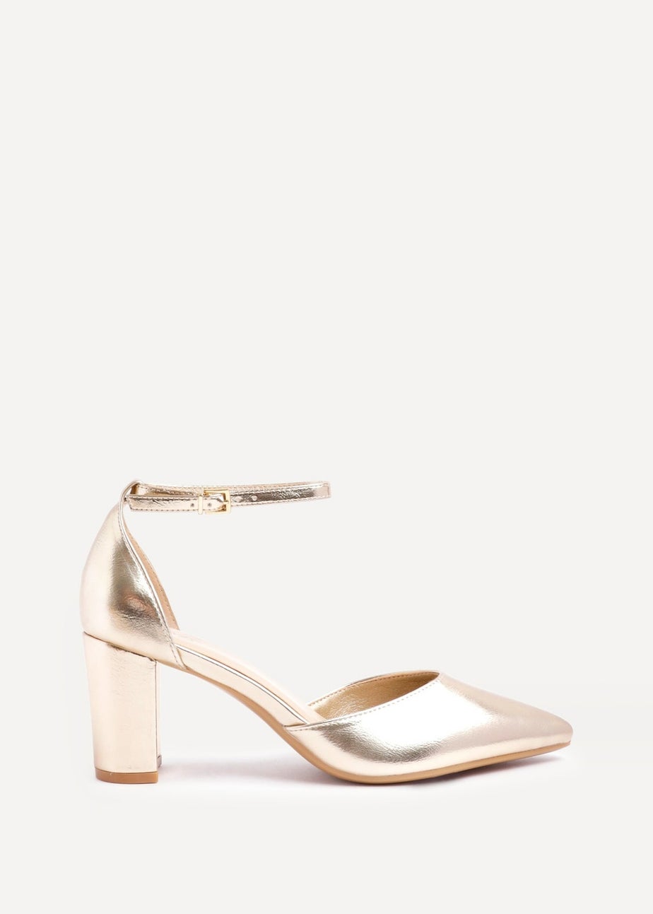Linzi Leona Gold Faux Leather Closed Back Block Heeled Court Shoe