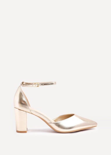 Linzi Leona Gold Faux Leather Closed Back Block Heeled Court Shoe