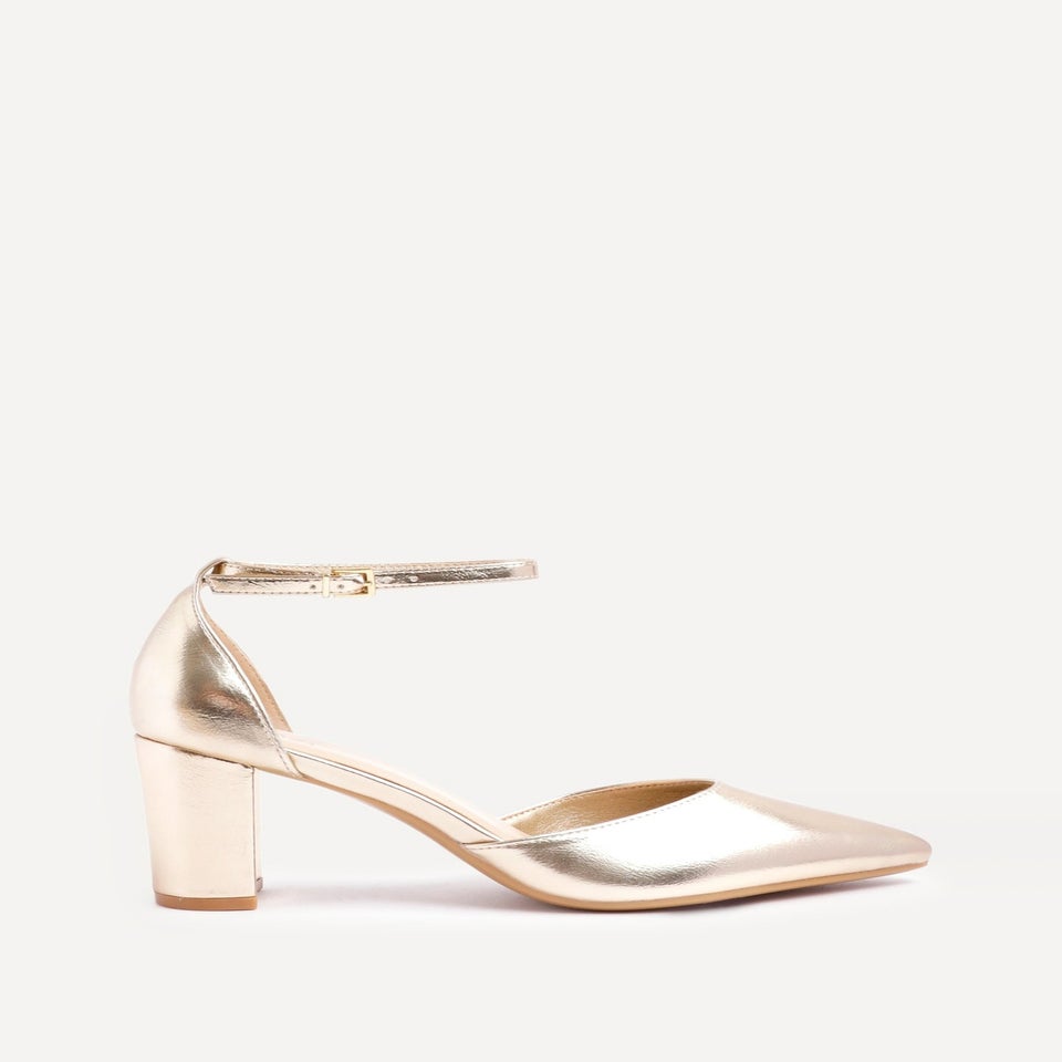 Linzi Leona Gold Faux Leather Closed Back Block Heeled Court Shoe