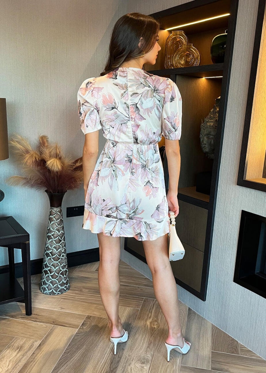 AX Paris Pink Blush Floral Print Wrap Top Short Sleeve Mini Dress