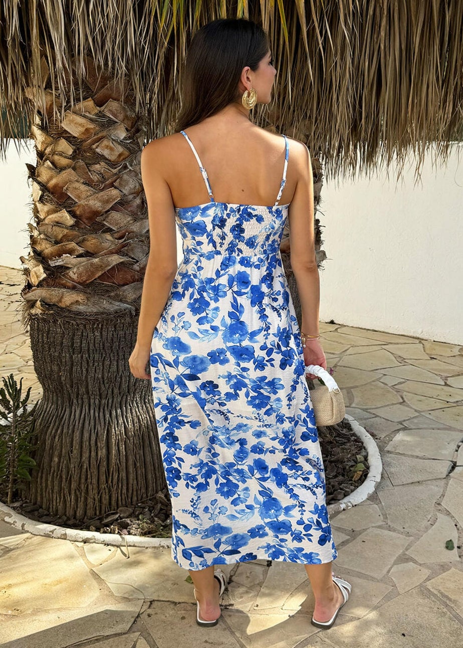 AX Paris Blue Floral Print Strappy Cut Out Midi Dress