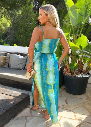 AX Paris Blue Smudge Stripe Print Tie Waist Strappy Midi Dress