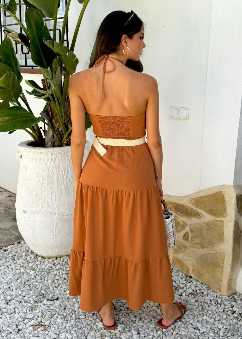 AX Paris Brown Halterneck Straw Belt Tiered Midi Dress