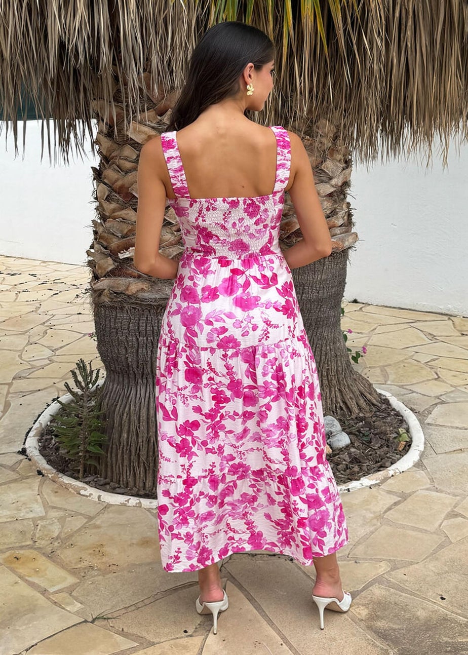 AX Paris Pink Floral Print Shirred Straps Tiered Midi Dress