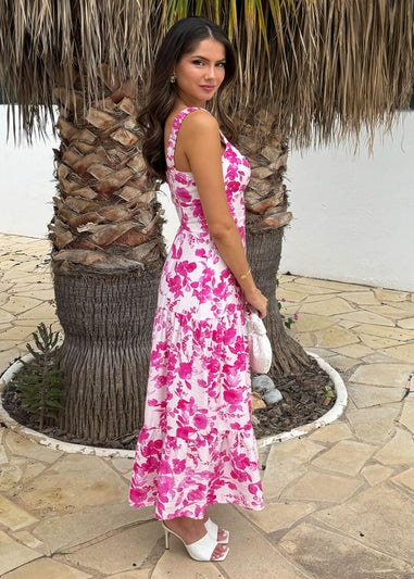 AX Paris Pink Floral Print Shirred Straps Tiered Midi Dress