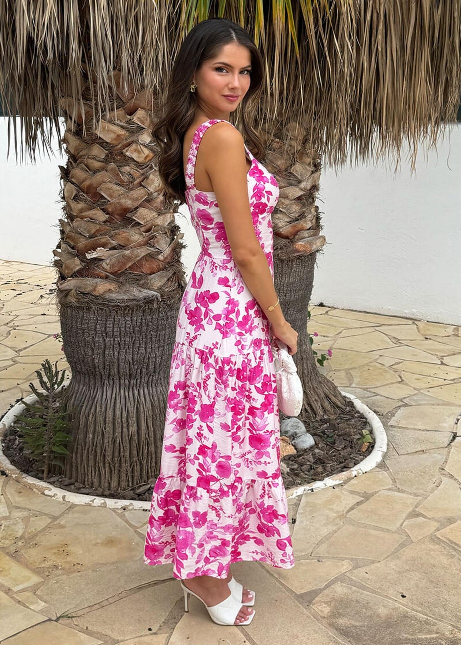 AX Paris Pink Floral Print Shirred Straps Tiered Midi Dress