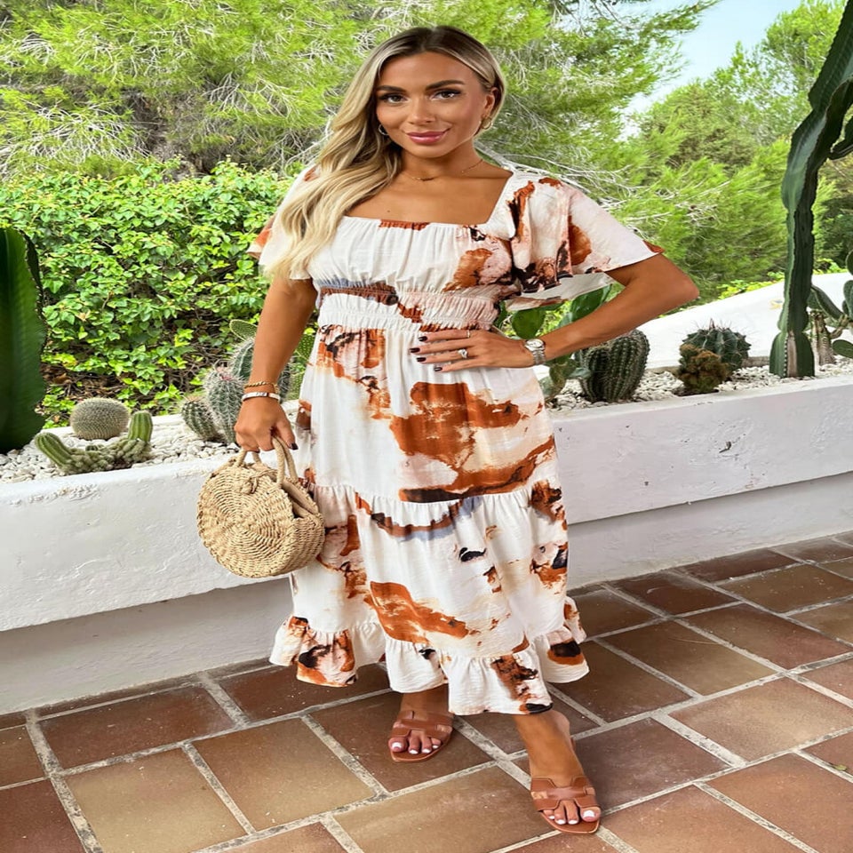 AX Paris Brown Smudge Print Shirred Waist Smock Midi Dress