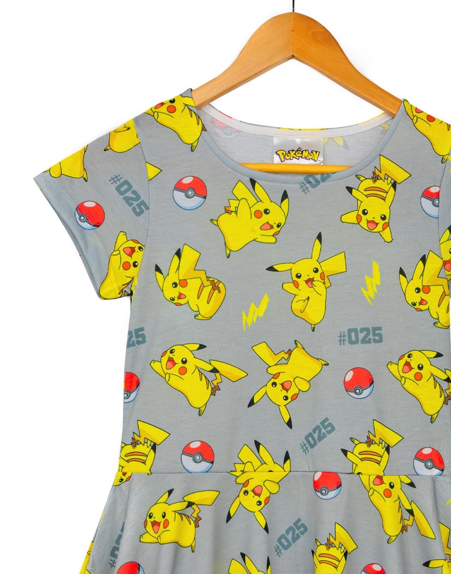 Pokemon Pikachu Grey Kids Short Sleeved Skater Dress (5-14 Years)