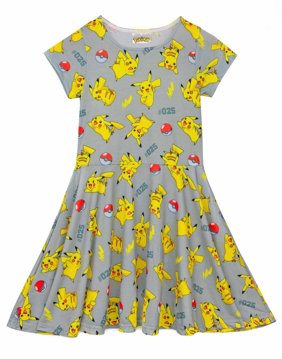 Pokemon Pikachu Grey Kids Short Sleeved Skater Dress (5-14 Years)