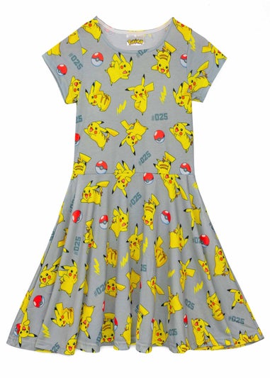 Pokemon Pikachu Grey Kids Short Sleeved Skater Dress (5-14 Years)