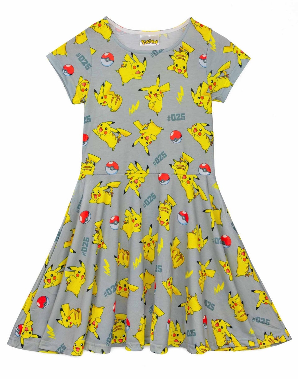 Pokemon Pikachu Grey Kids Short Sleeved Skater Dress (5-14 Years)